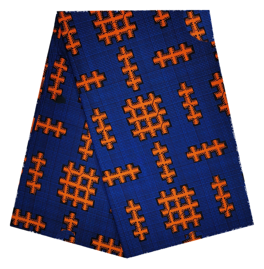 Navy & Orange Grid Ankara Wax Print Fabric, 100% Cotton