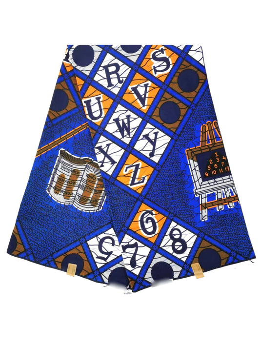 Blue Ankara wax print with alphabet and number tiles