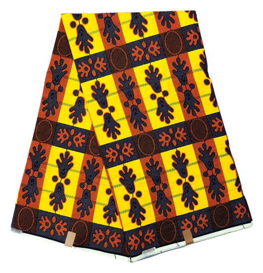 Yellow & Rust Ankara Wax Print Fabric – Navy Floral Panels, 100% Cotton