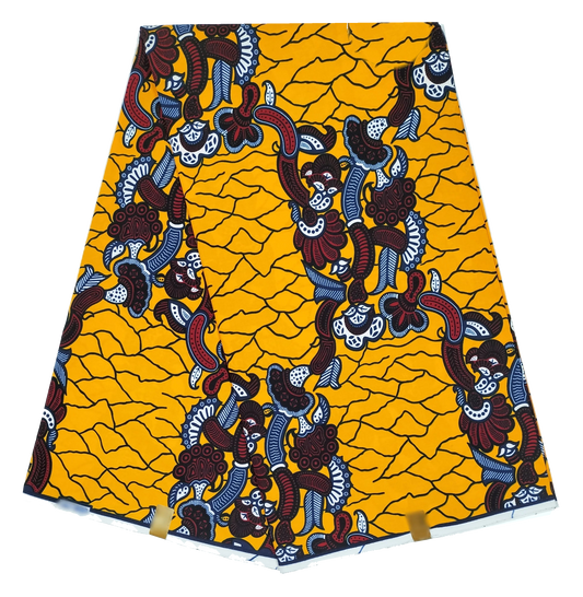 Golden Crackle Ankara Wax Print Fabric – Burgundy & Blue Floral Chains, 100% Cotton