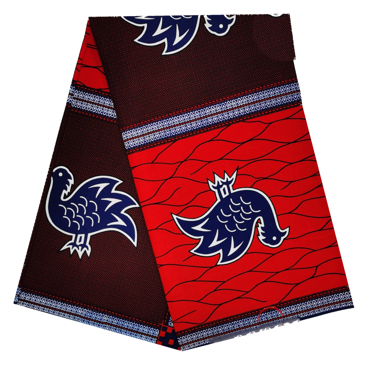 Red & Brown Ankara Wax Print Fabric – Navy Birds & Woven Border, 100% Cotton
