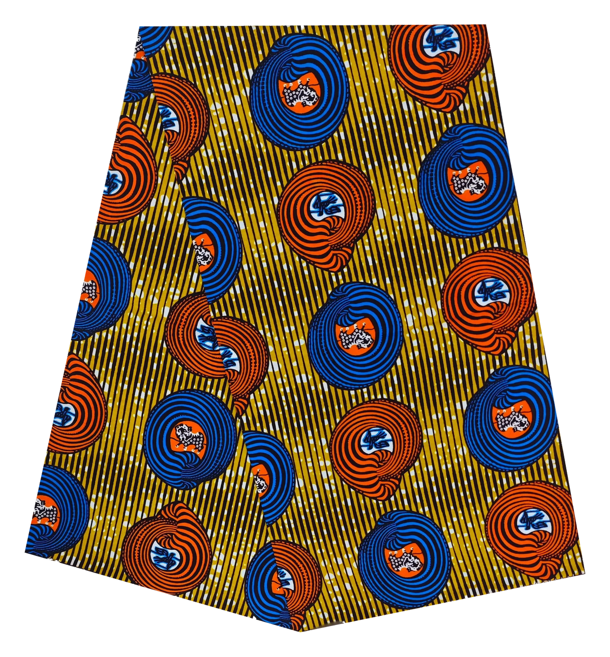 Gold Stripe Ankara Wax Print Fabric – Blue & Orange Swirl Circles, 100% Cotton