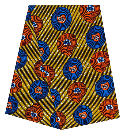 Gold Stripe Ankara Wax Print Fabric – Blue & Orange Swirl Circles, 100% Cotton