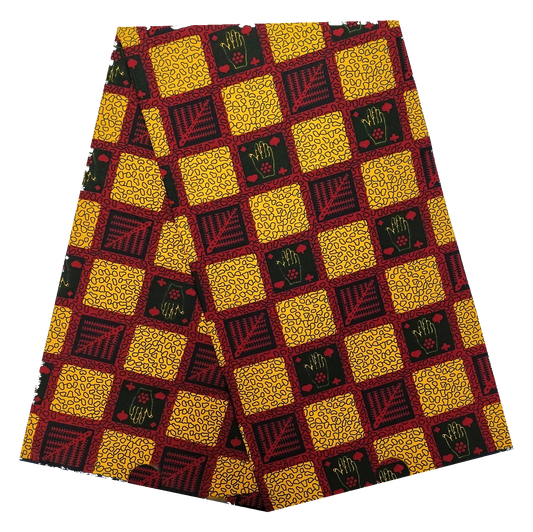 Red & Gold Checkerboard Ankara Wax Print Fabric – Hand & Fern Motifs, 100% Cotton