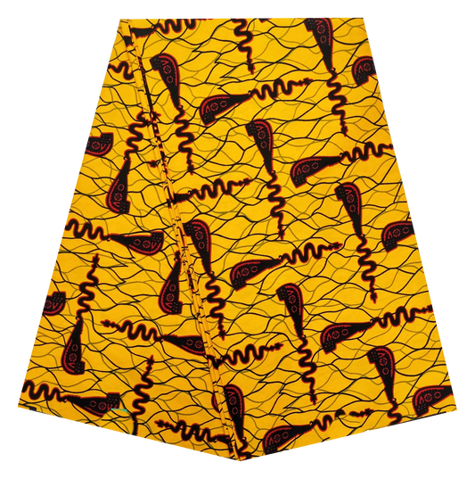 Golden Yellow Ankara Wax Print Fabric – Burgundy Talking Drums & Waves, 100% Cotton