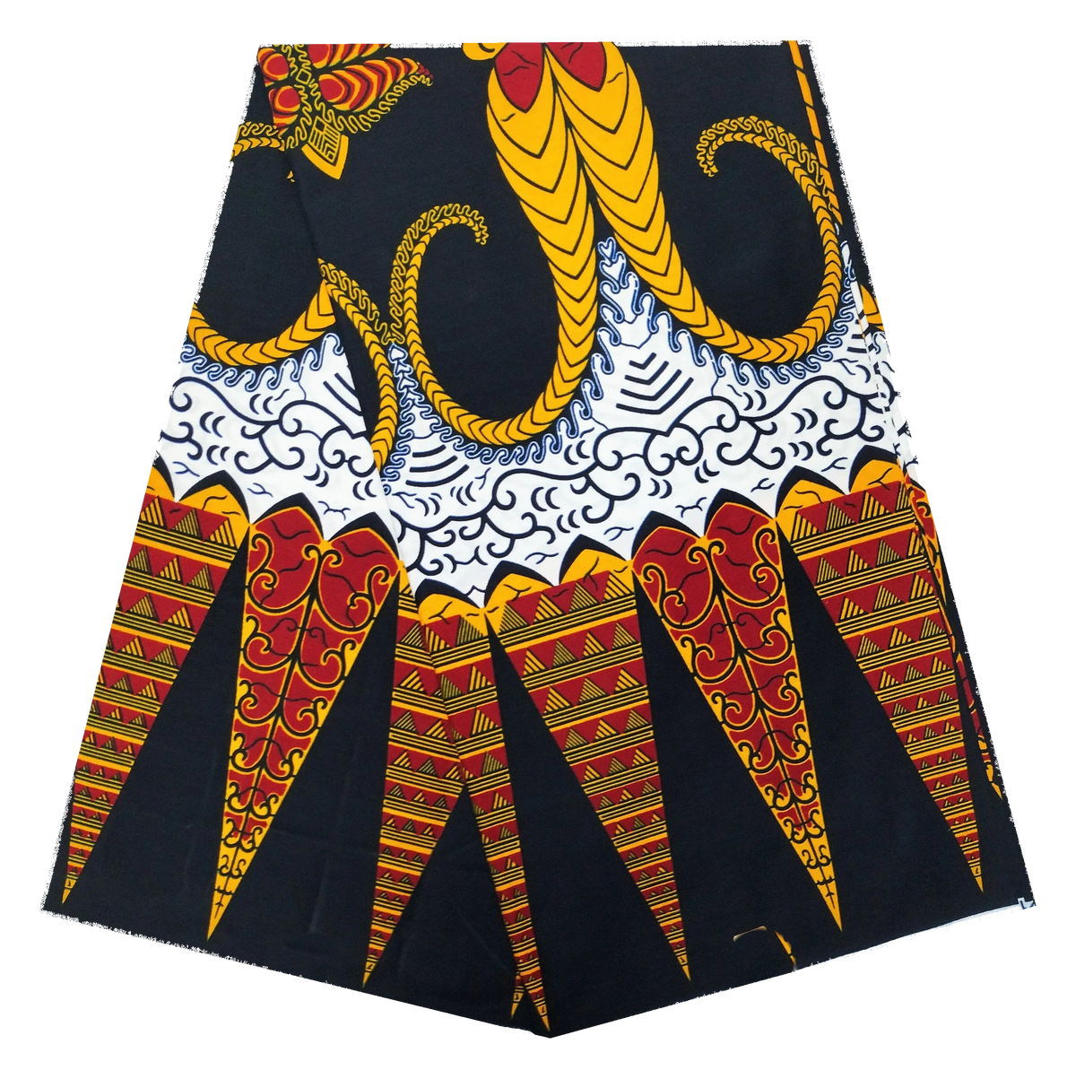 Black & Gold Spear Ankara Wax Print Fabric – Red Cones & White Wave Band, 100% Cotton
