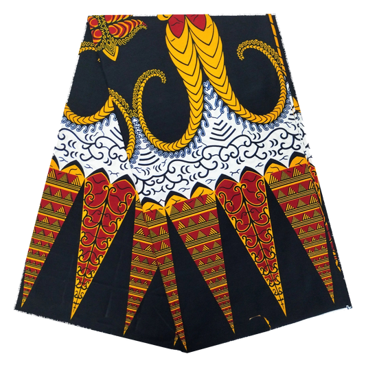 Black & Gold Spear Ankara Wax Print Fabric – Red Cones & White Wave Band, 100% Cotton