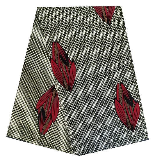 Grey Mosaic Ankara Wax Print Fabric – Red Leaf Pods, 100% Cotton