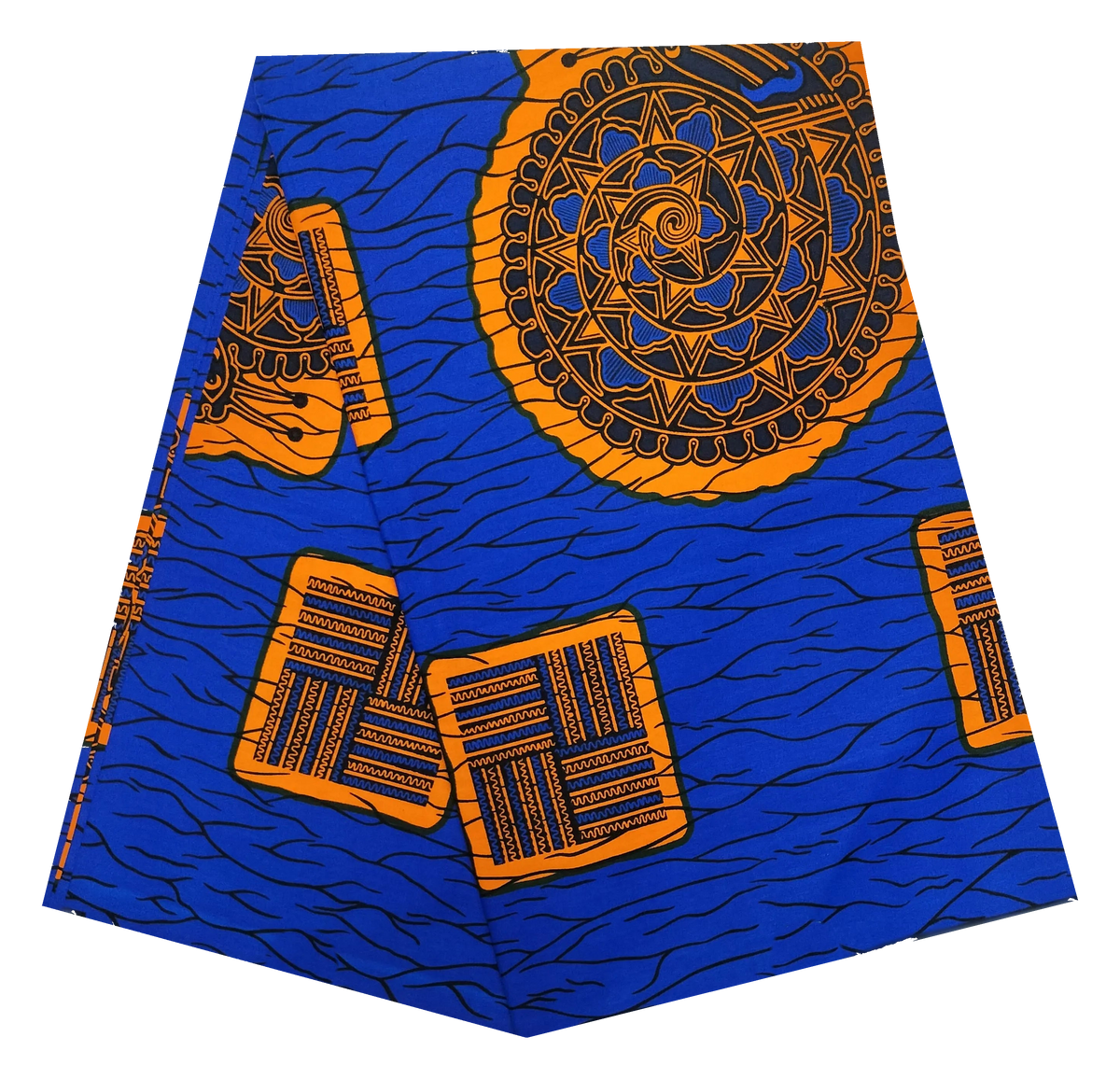 Royal Blue & Orange Ankara Wax Print Fabric – Sun Medallion & Woven Squares, 100% Cotton