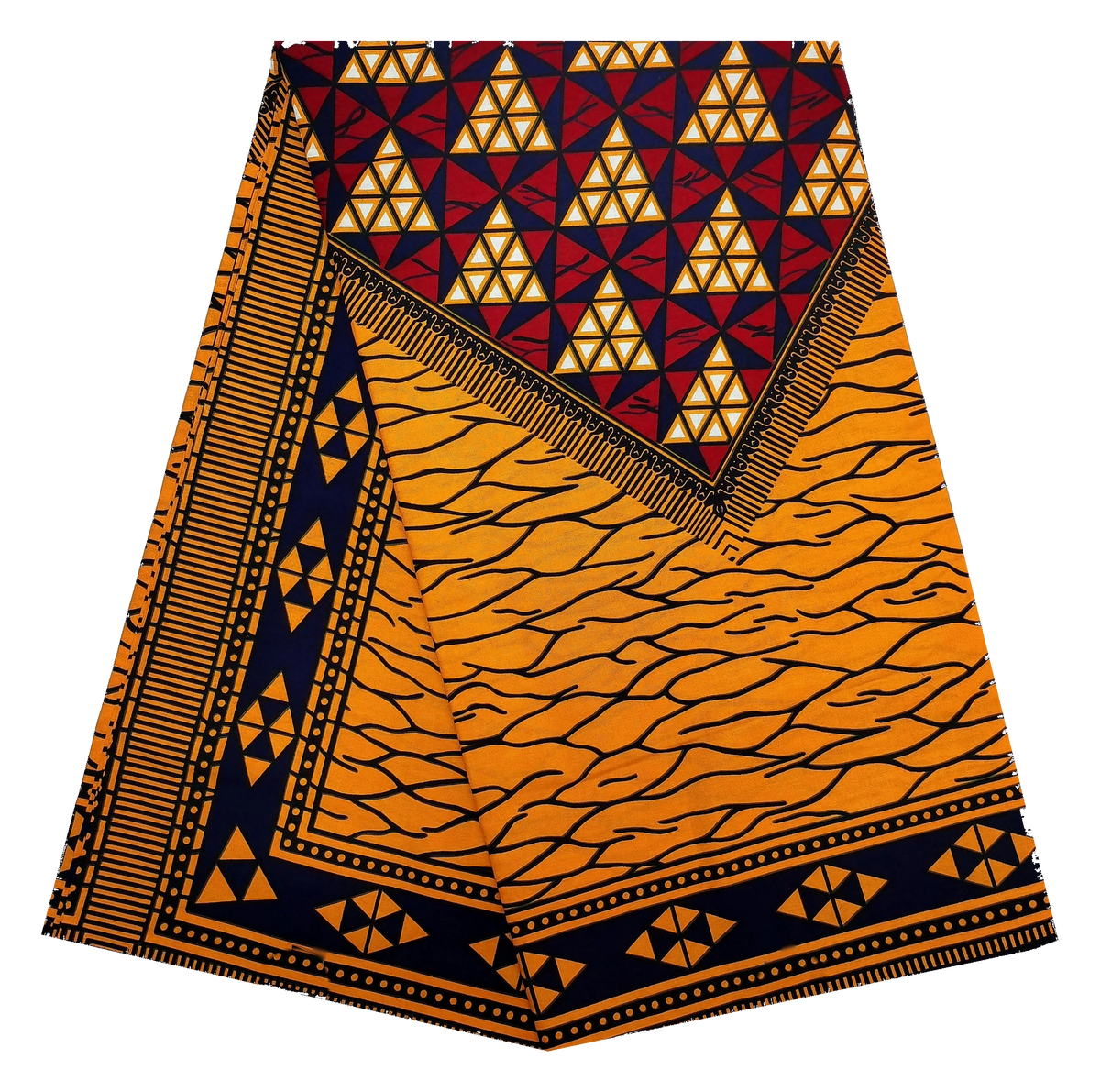 Orange Wave Ankara Wax Print Fabric – Red Triangle Panel & Navy Border, 100% Cotton