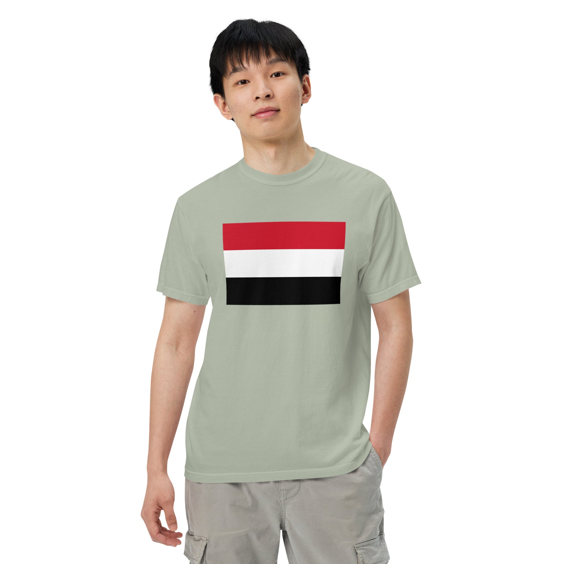 Flat lay of black Yemen flag tee, large size