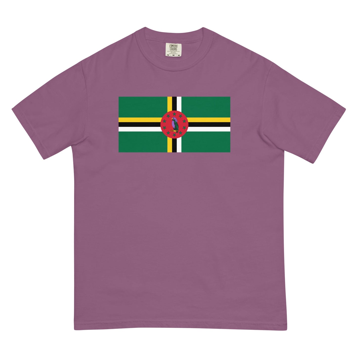 Stylish Dominica 1 flag t-shirt laid flat, 2X large, blue spruce