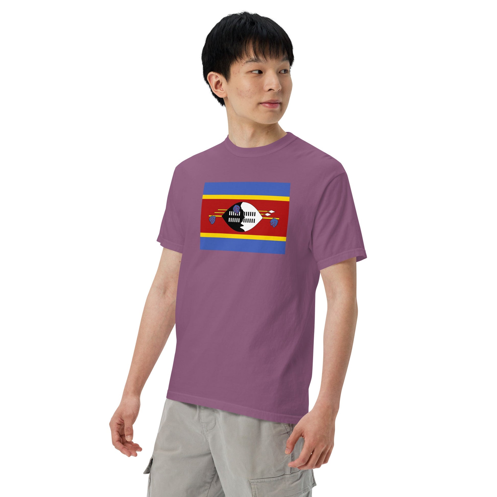 Stylish Eswatini Formerly Swaziland flag t-shirt laid flat, 3X large, black