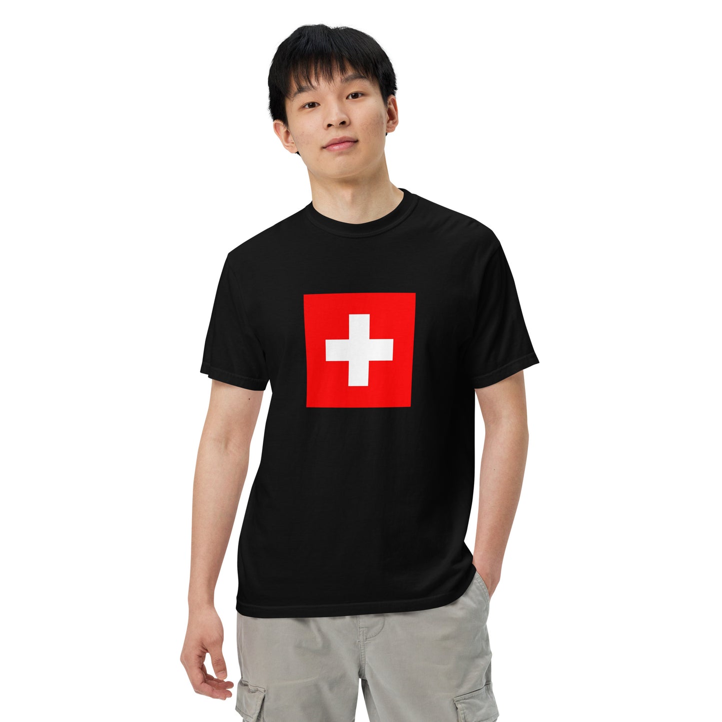 black shirt with Switzerland flag design, extra large