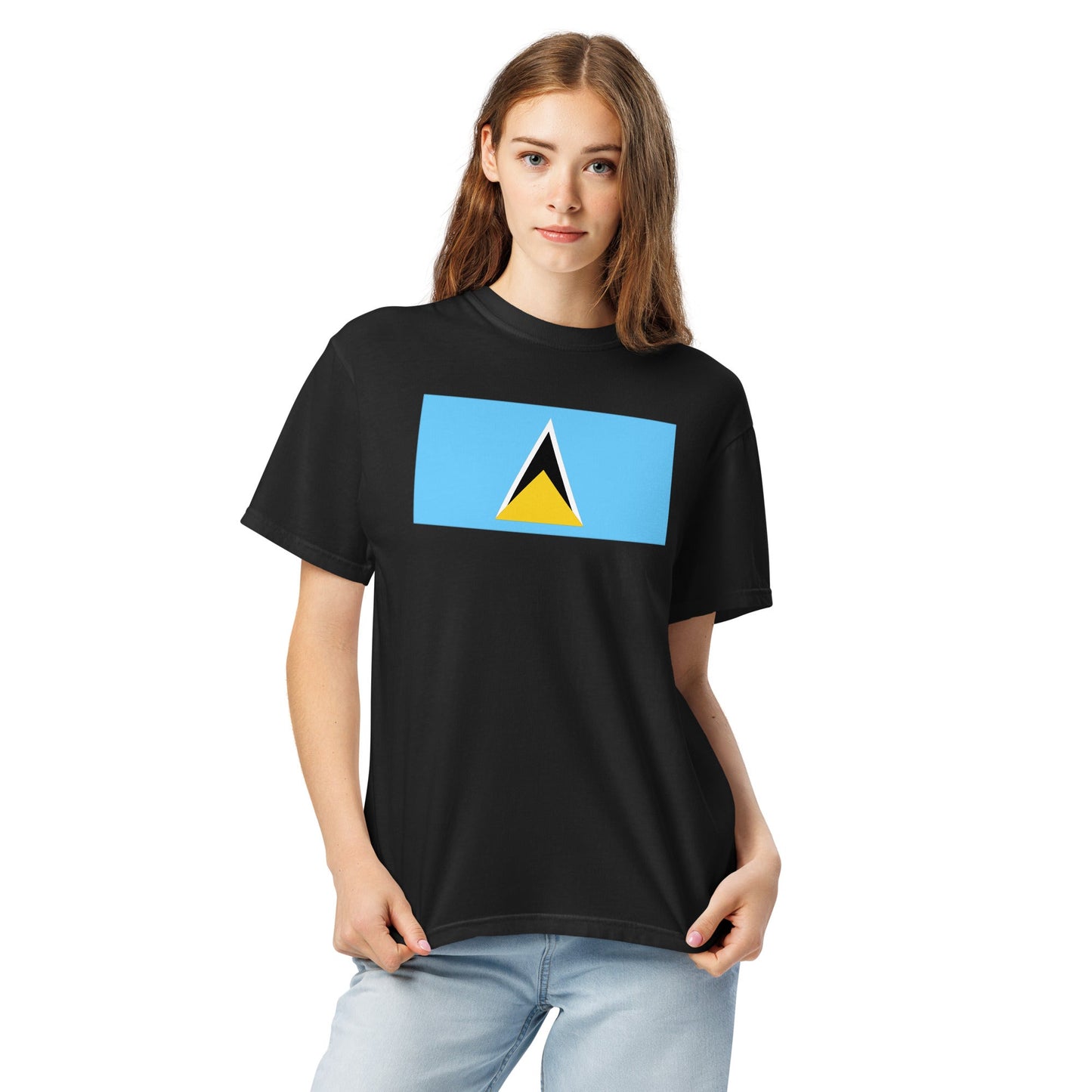Bold Saint Lucia flag design tee in black, 3X large