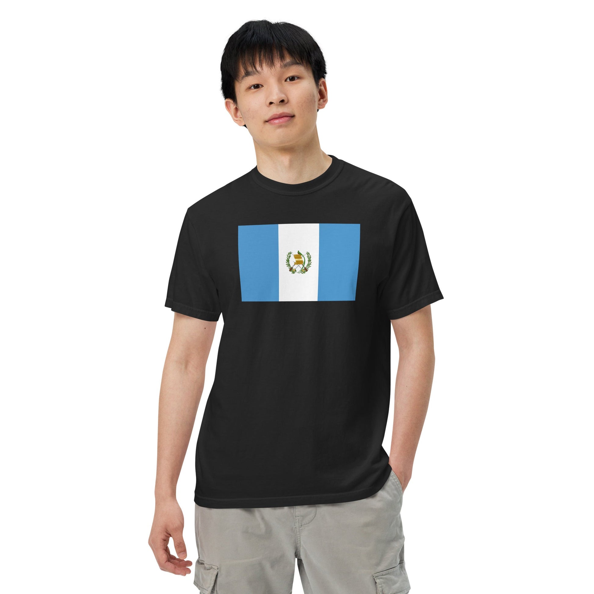 Stylish Guatemala flag t-shirt laid flat, large, black
