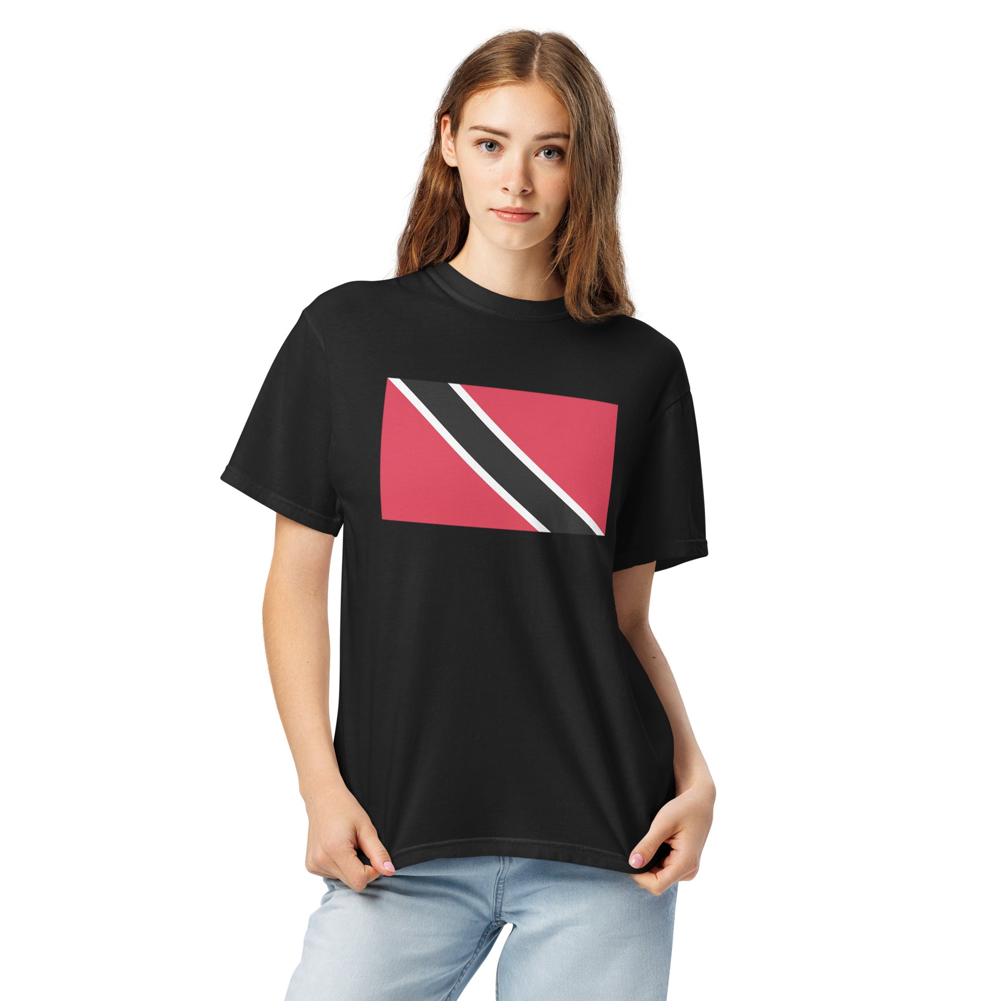 Flat lay of washed denim Trinidad flag tee, large size