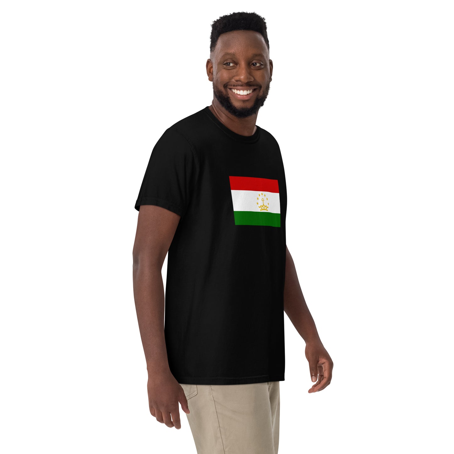 Flat lay of black Tajikistan flag tee, large size