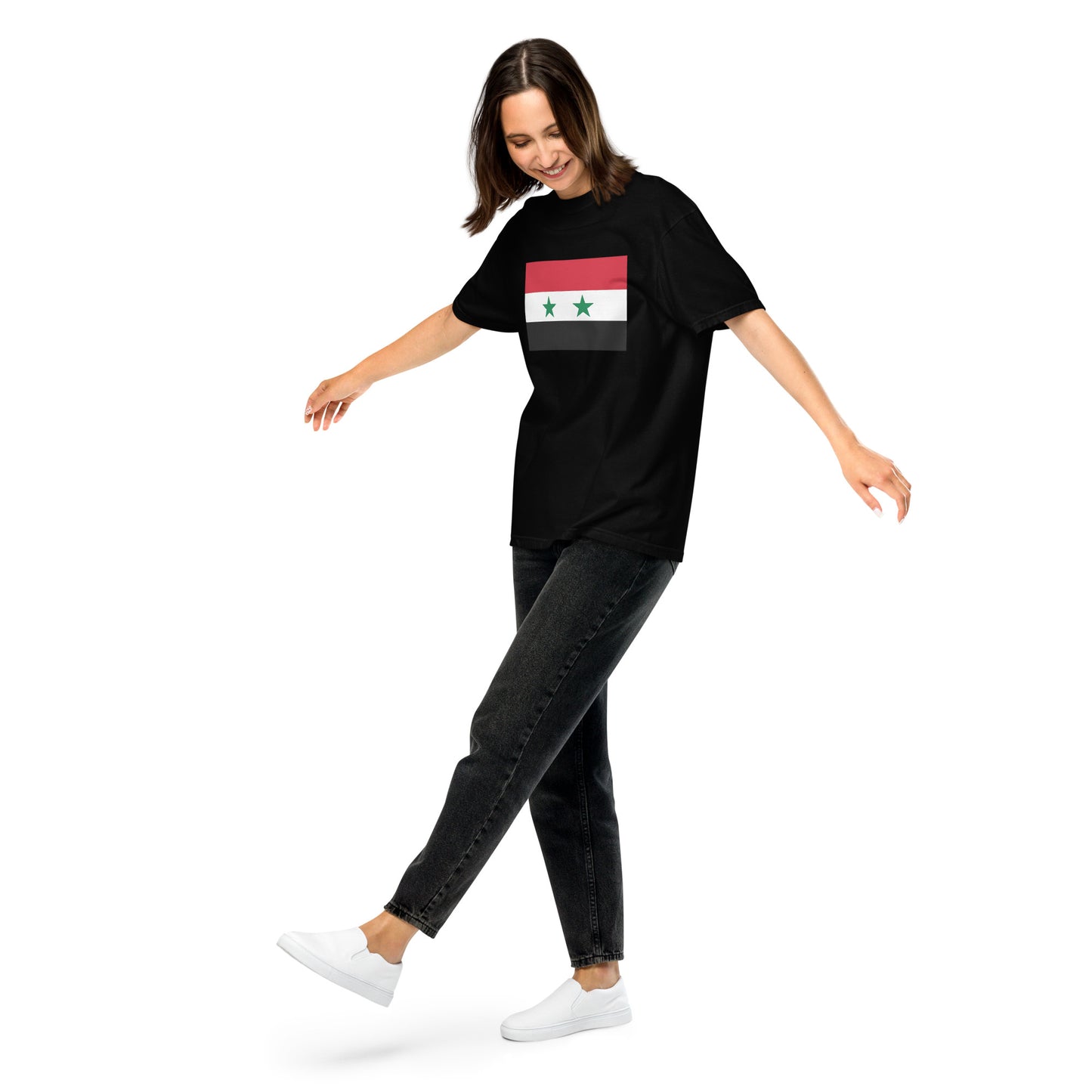 Stylish Syria flag t-shirt laid flat, medium, black