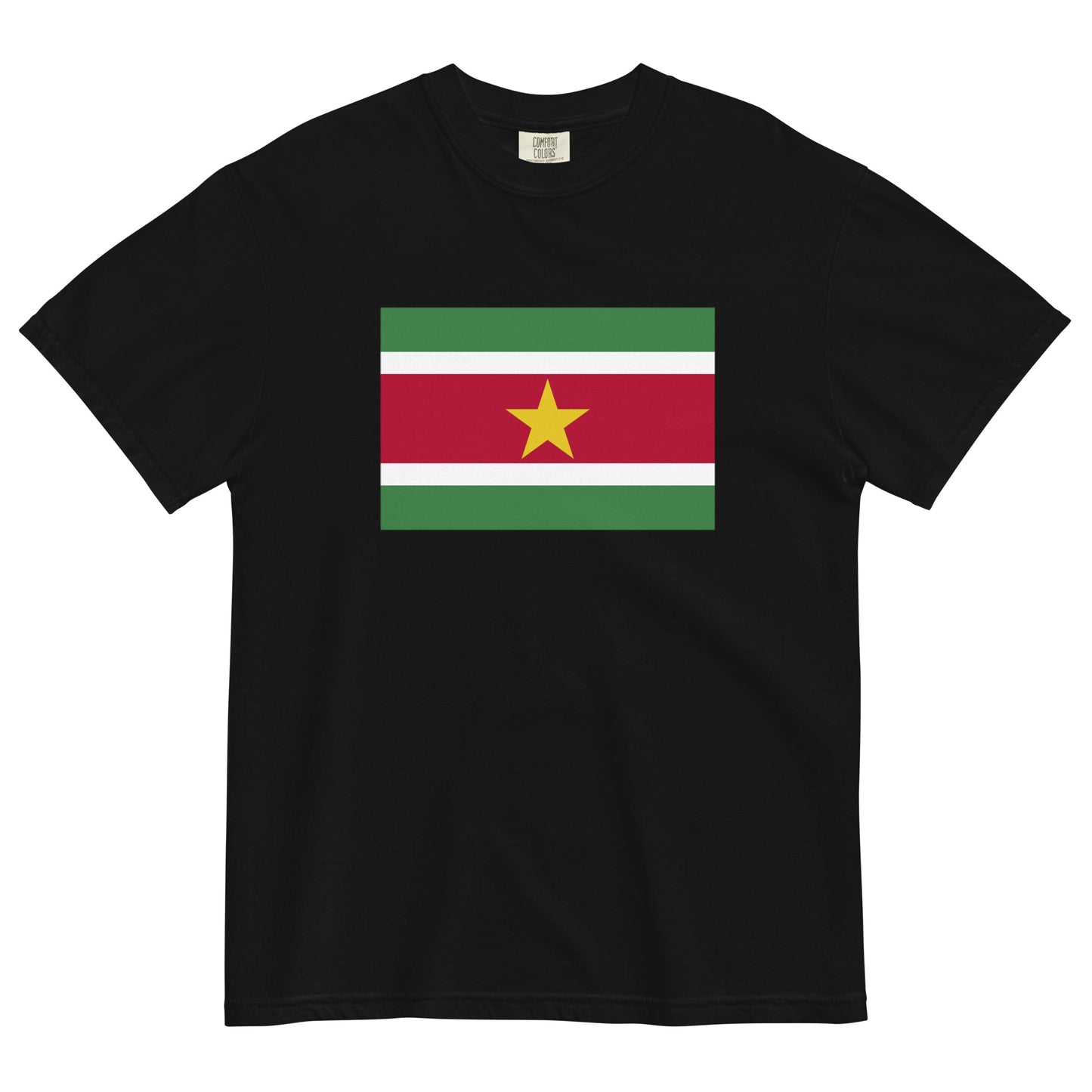 Flat lay of black Suriname flag tee, 2X large size