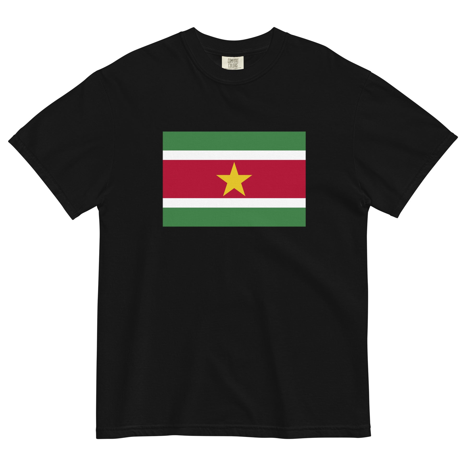 Flat lay of black Suriname flag tee, 2X large size