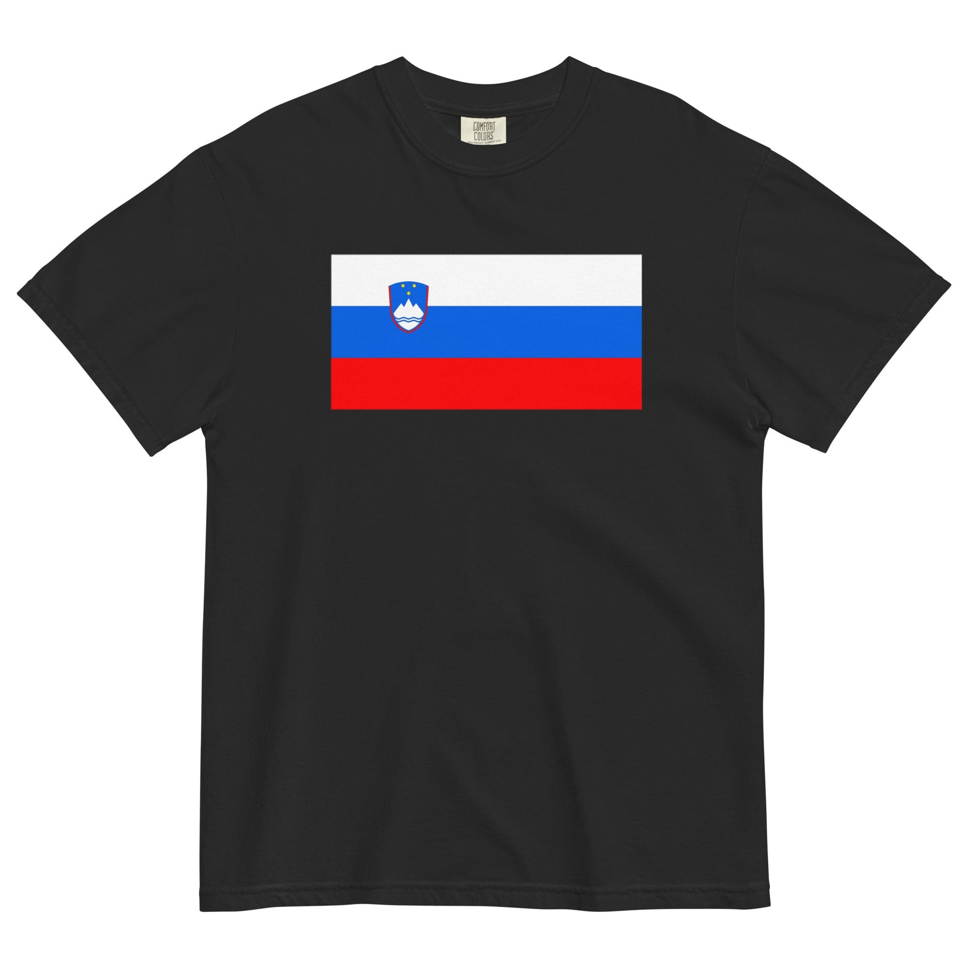 Flat lay of black Slovenia flag tee, large size