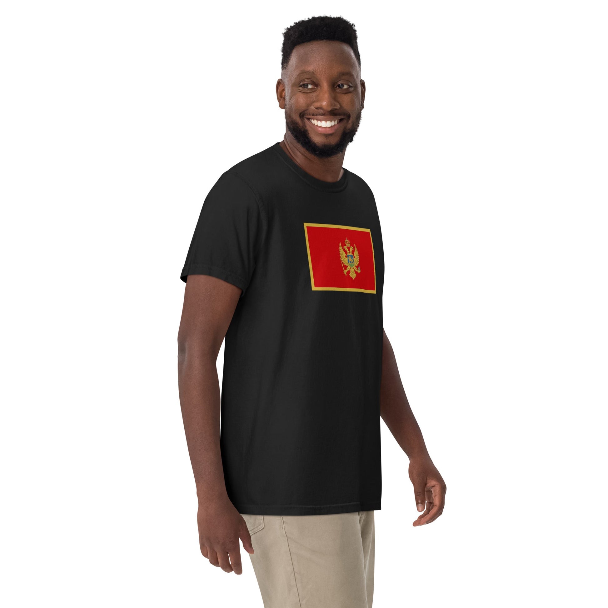 Stylish Montenegro flag t-shirt laid flat, medium, black