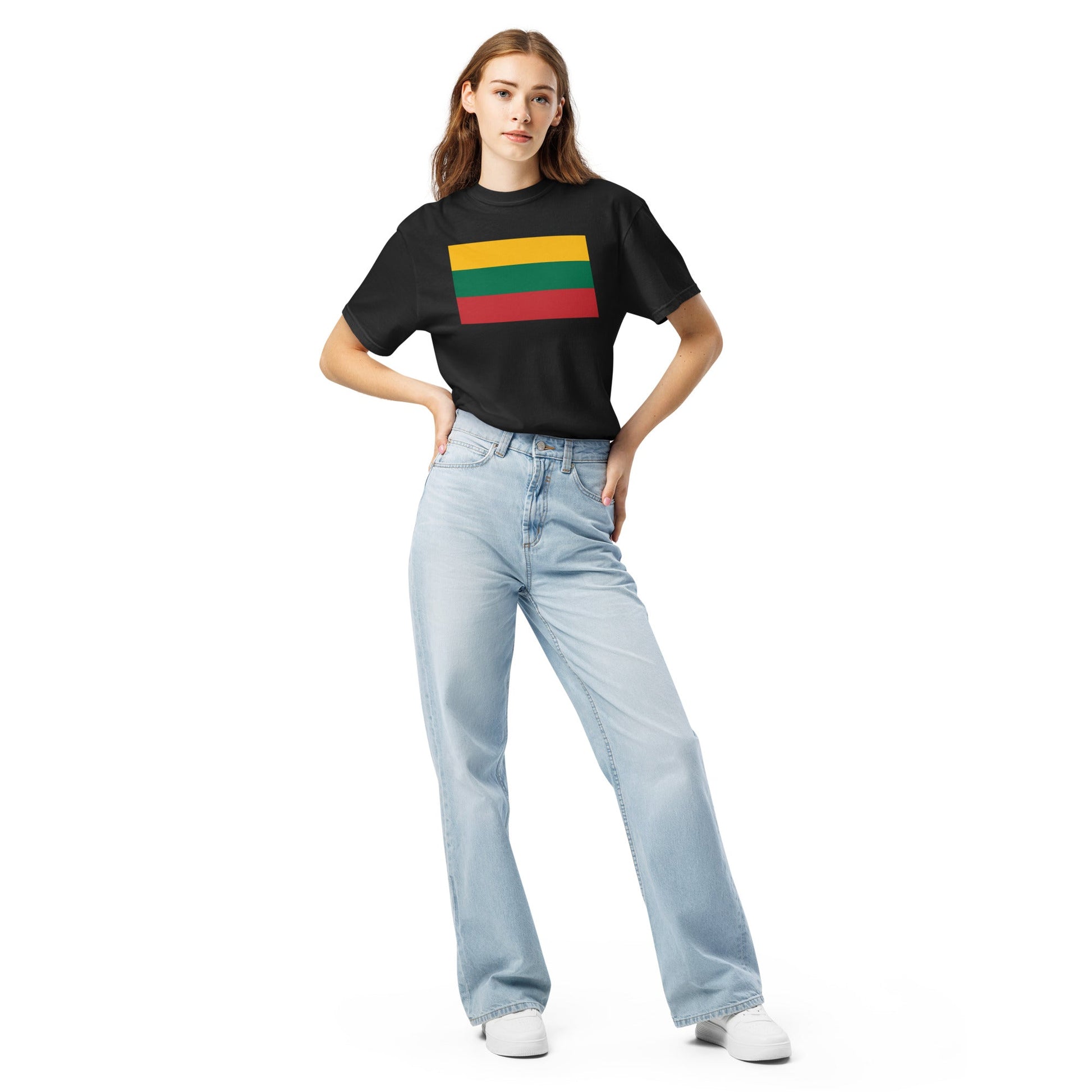 Stylish Lithuania flag t-shirt laid flat, medium, black