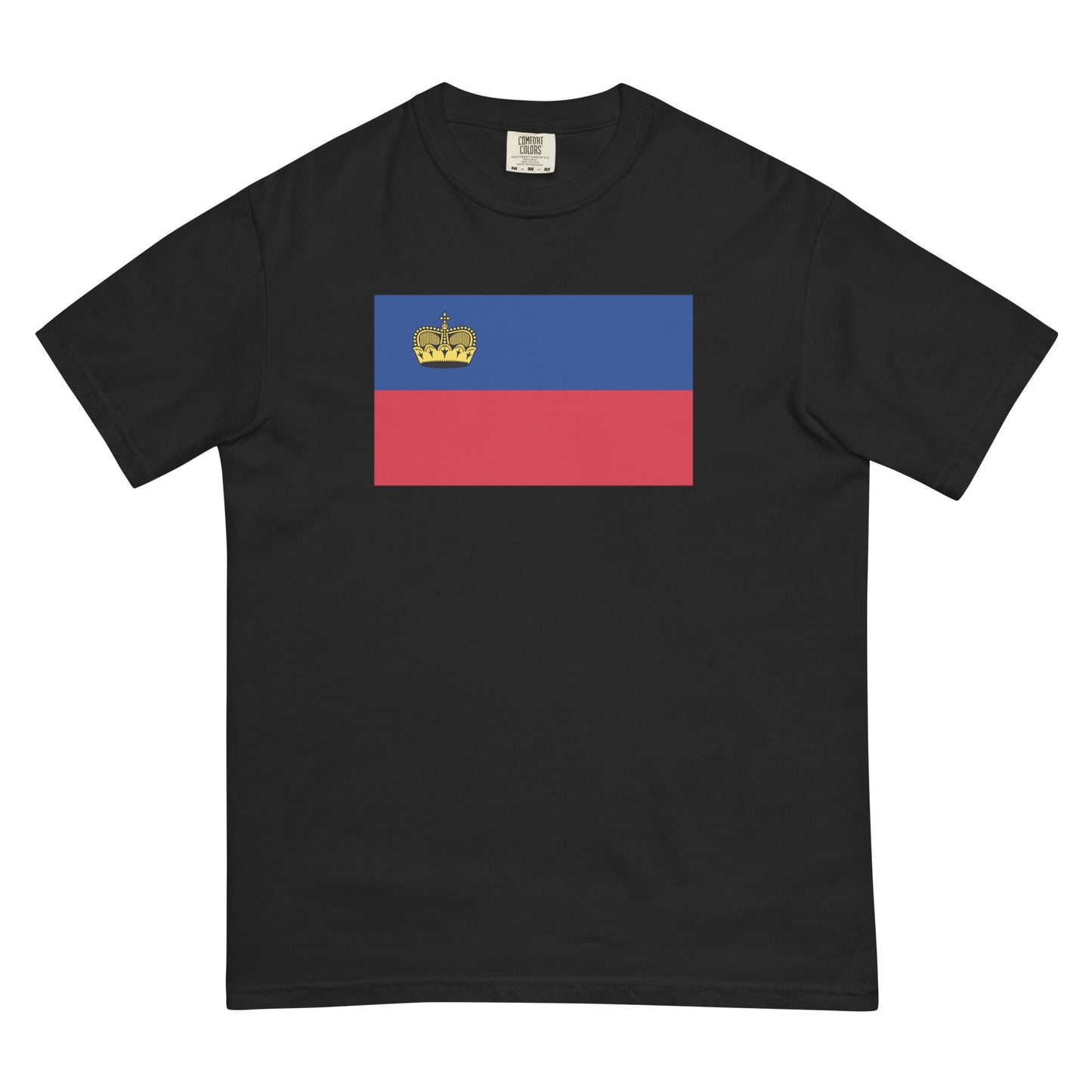 Stylish Liechtenstein flag t-shirt laid flat, medium, brick