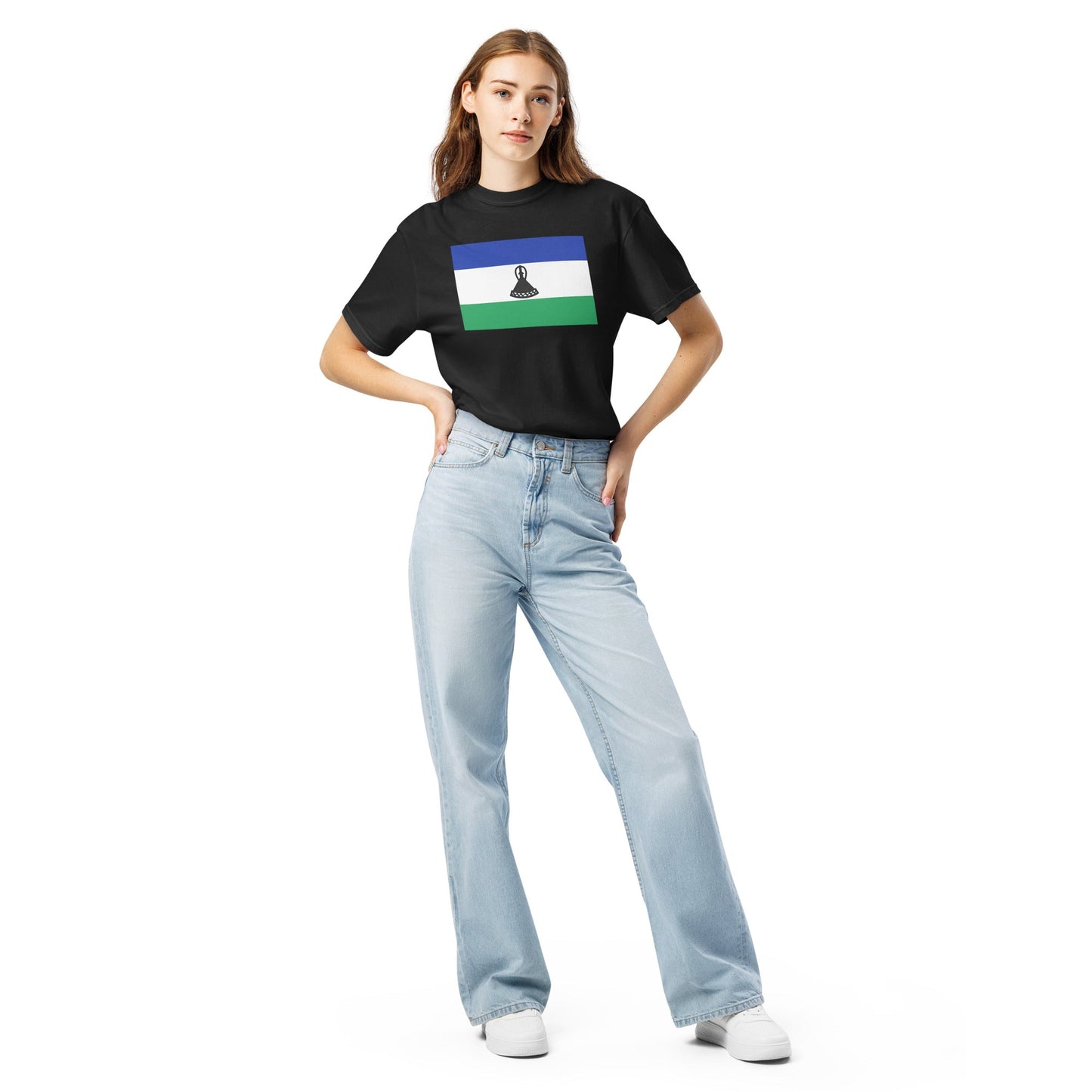Flat lay of black Lesotho flag tee, medium size