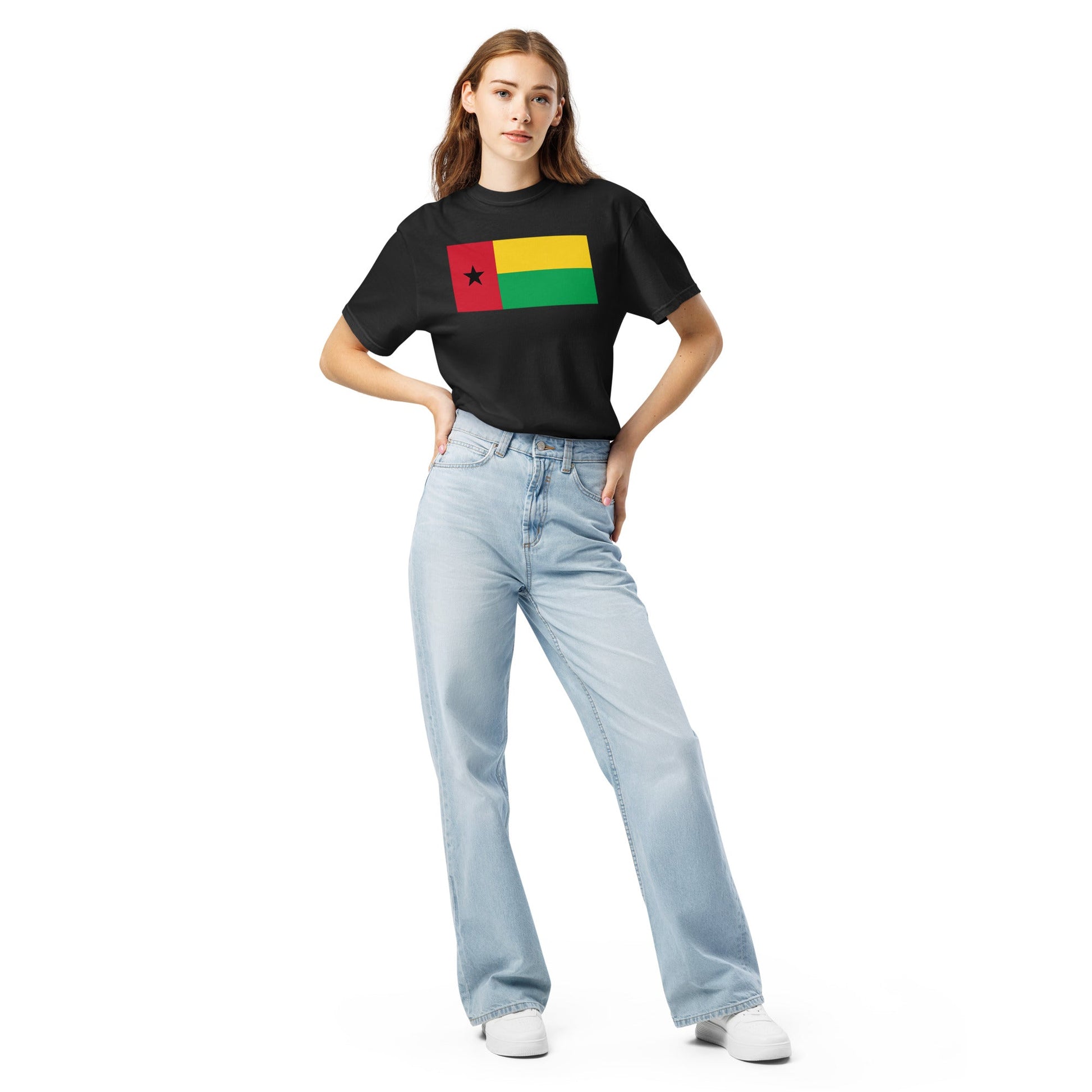Flat lay of black Guinea Bissau flag tee, medium size