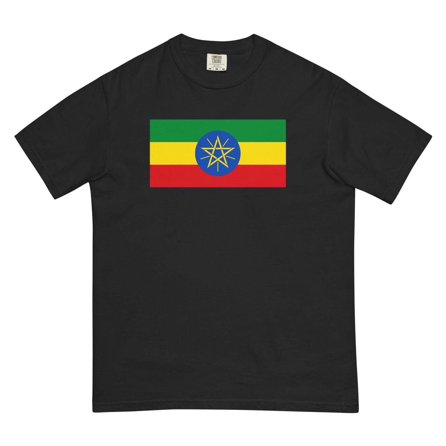 Flat lay of blue spruce Ethiopia flag tee, small size
