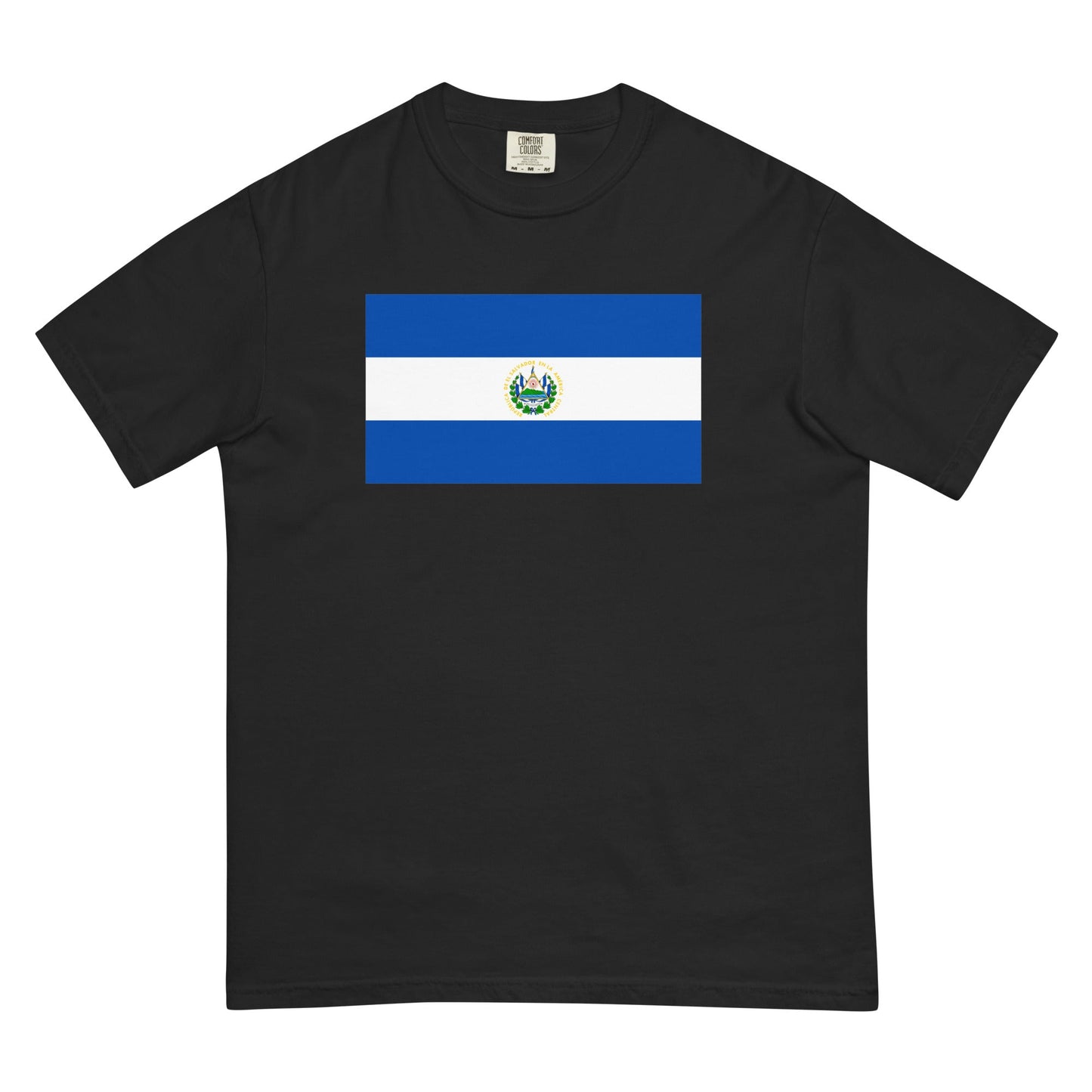 Stylish El Salvador flag t-shirt laid flat, small, berry