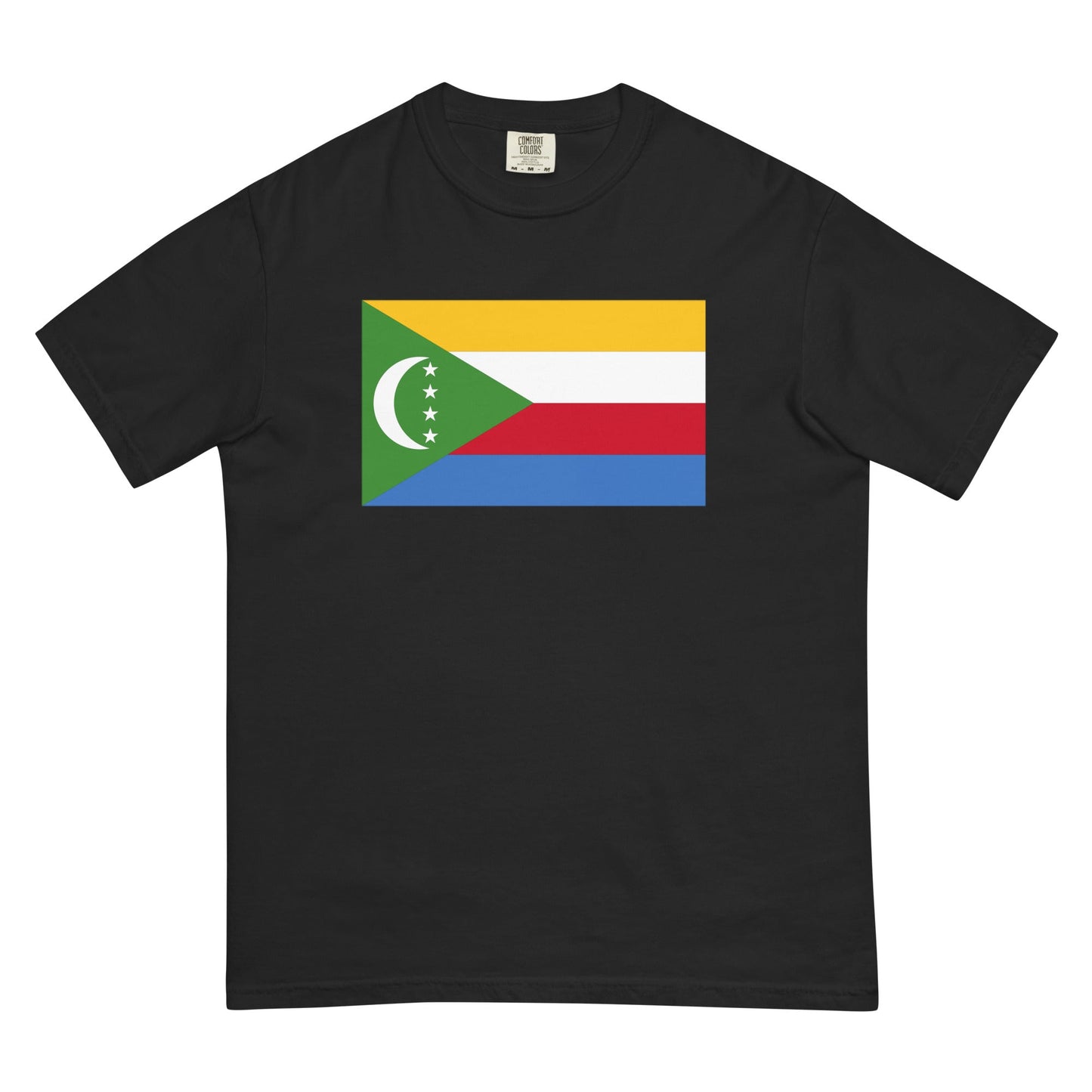Flat lay of black Comoros flag tee, small size