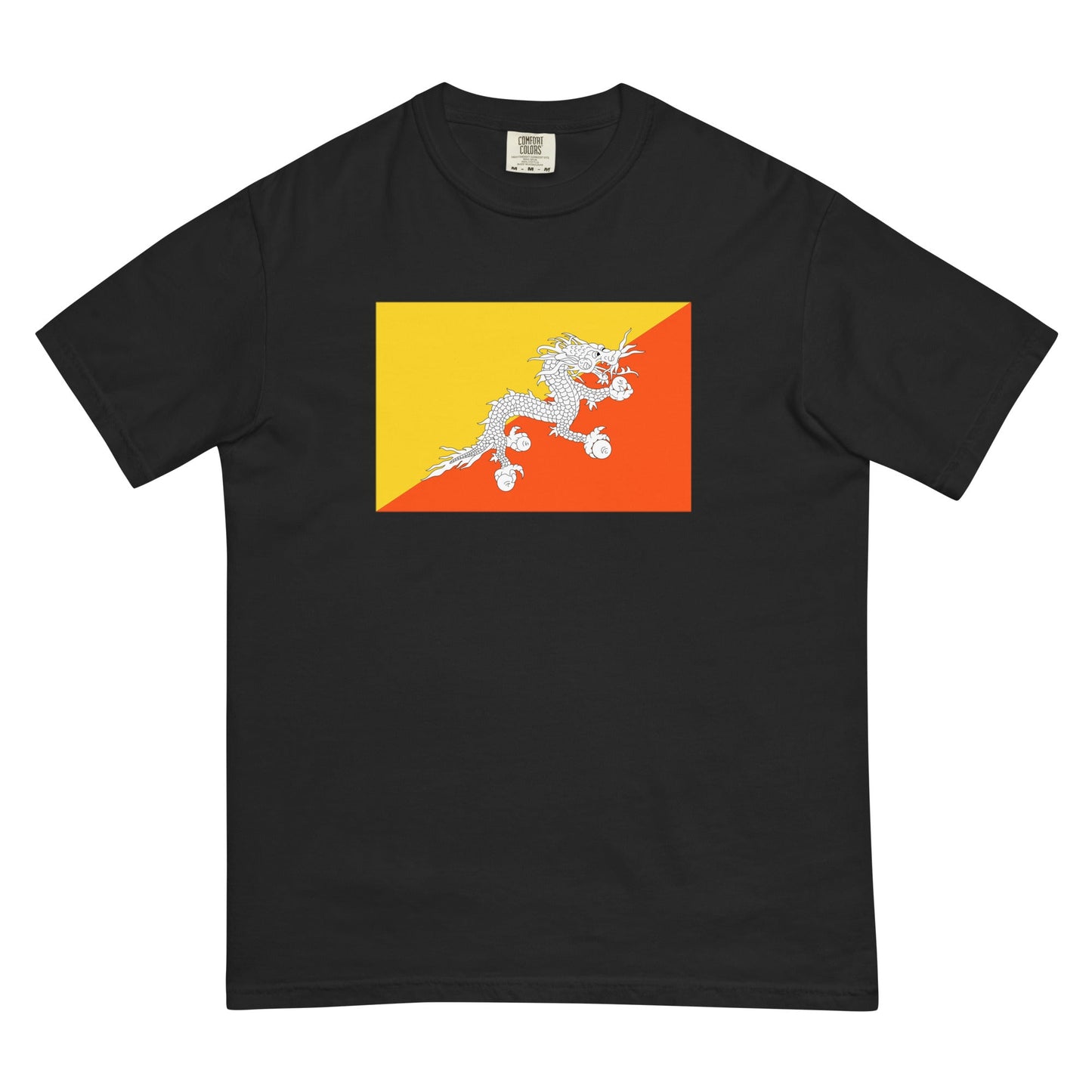 Stylish Bhutan flag t-shirt laid flat, extra large, yam