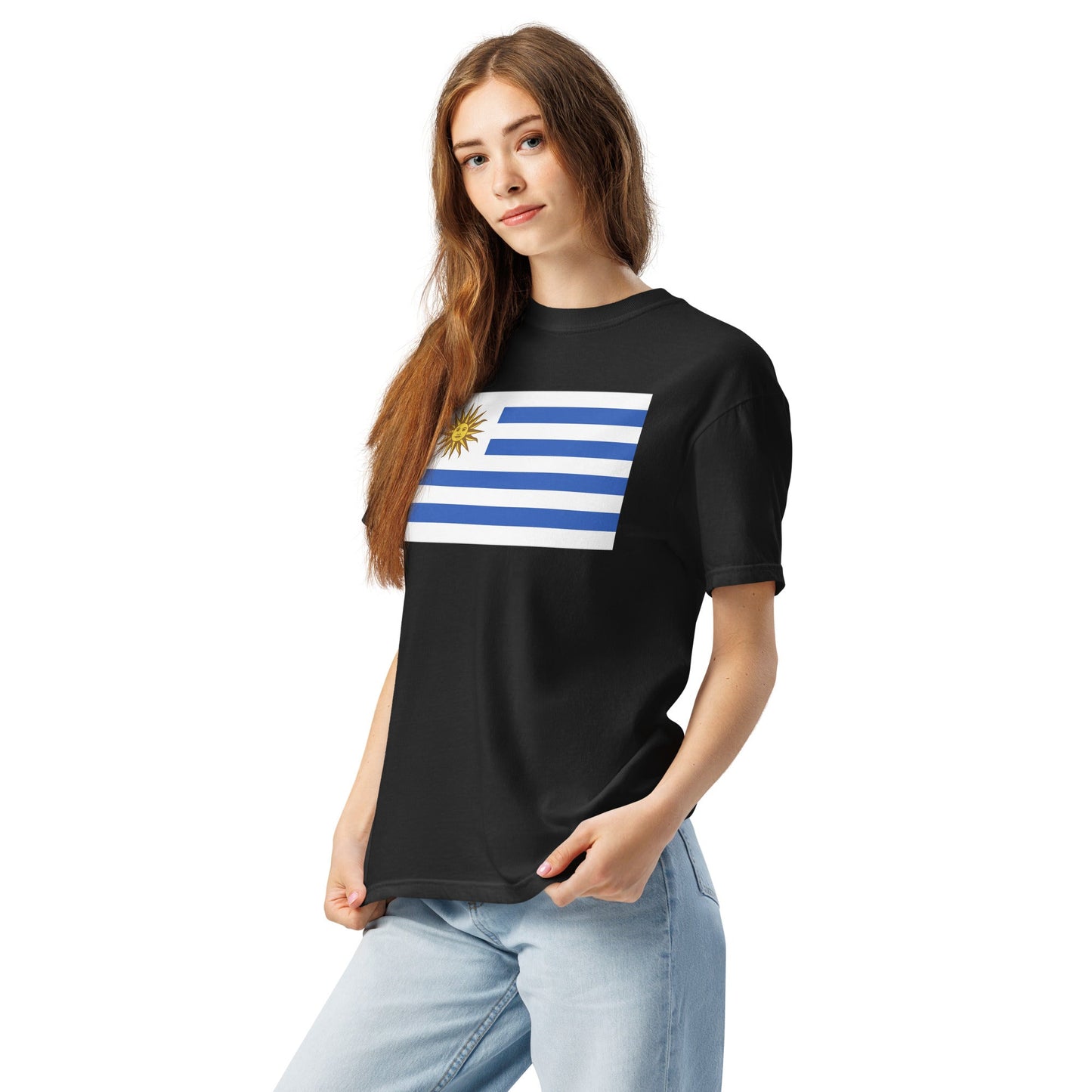 Stylish Uruguay 1 flag t-shirt laid flat, medium, black