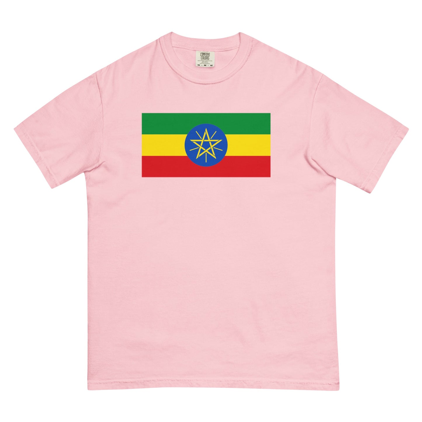 Stylish Ethiopia flag t-shirt laid flat, small, black