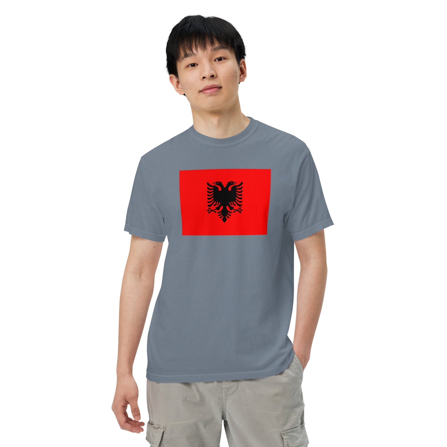 Stylish Albania flag t-shirt laid flat, small, true navy