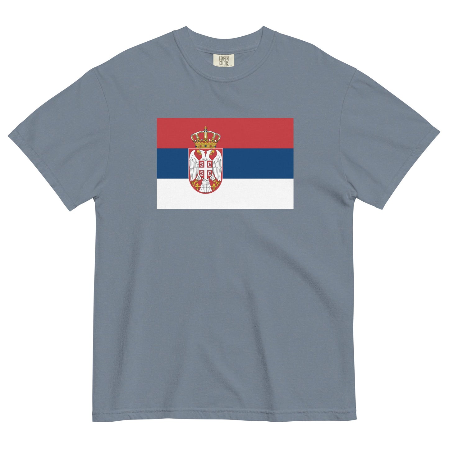 Stylish Serbia flag t-shirt laid flat, medium, true navy