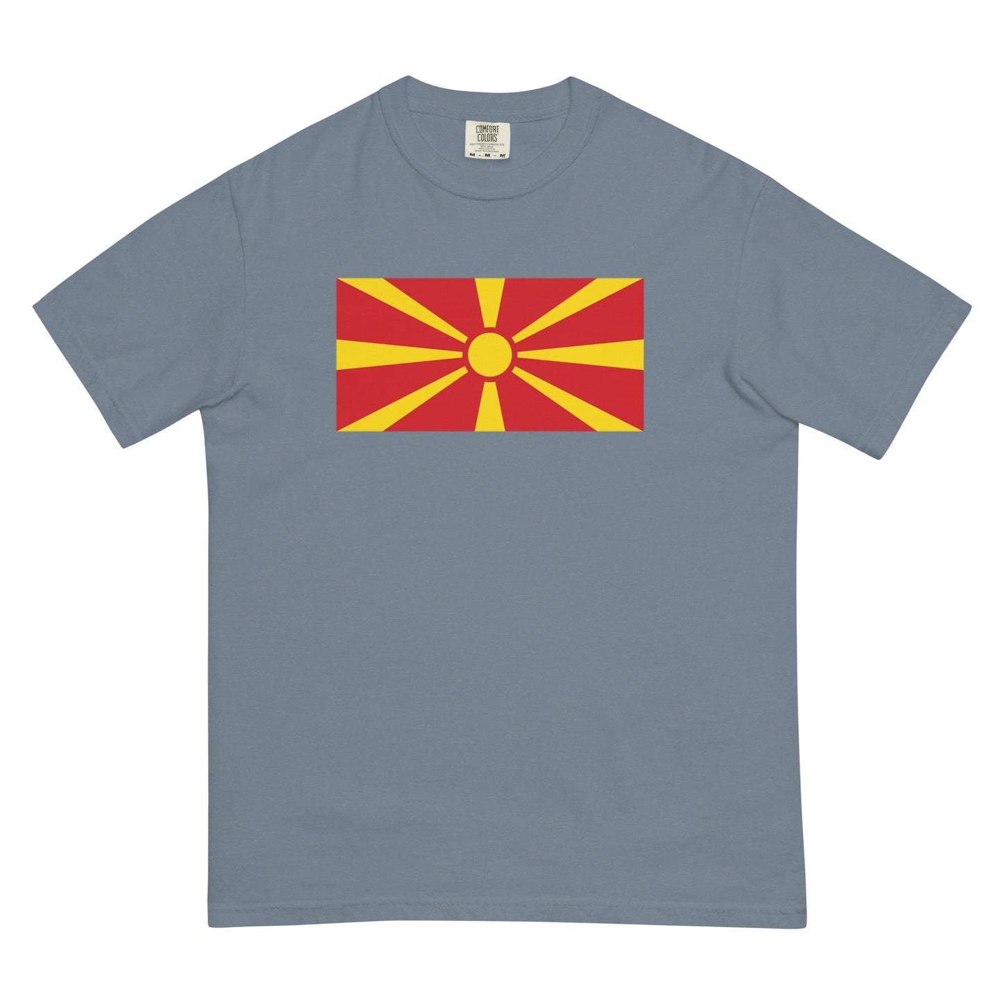 Flat lay of red North Macedonia Formerly Macedonia flag tee, 3X large size