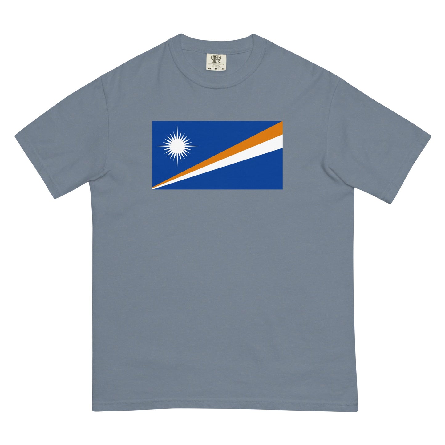 Flat lay of true navy Marshall Islands flag tee, 2X large size