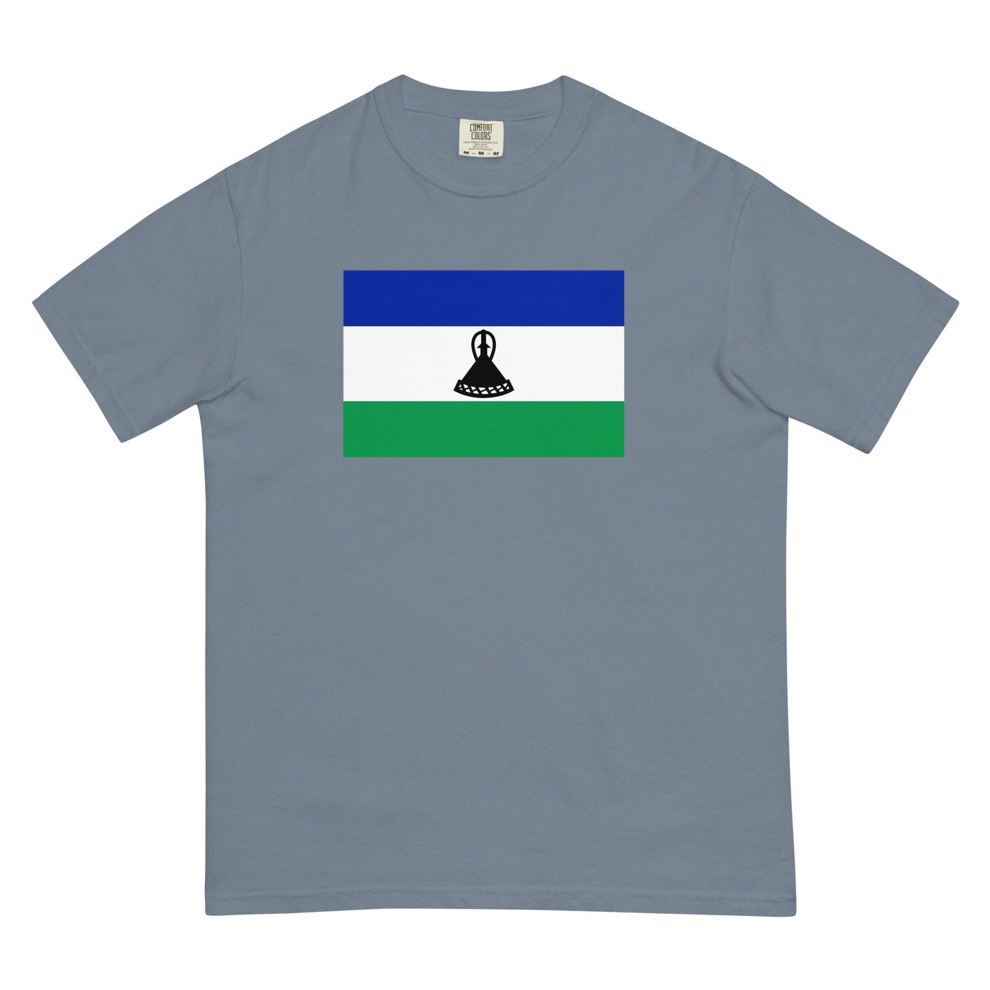 Flat lay of true navy Lesotho flag tee, 3X large size