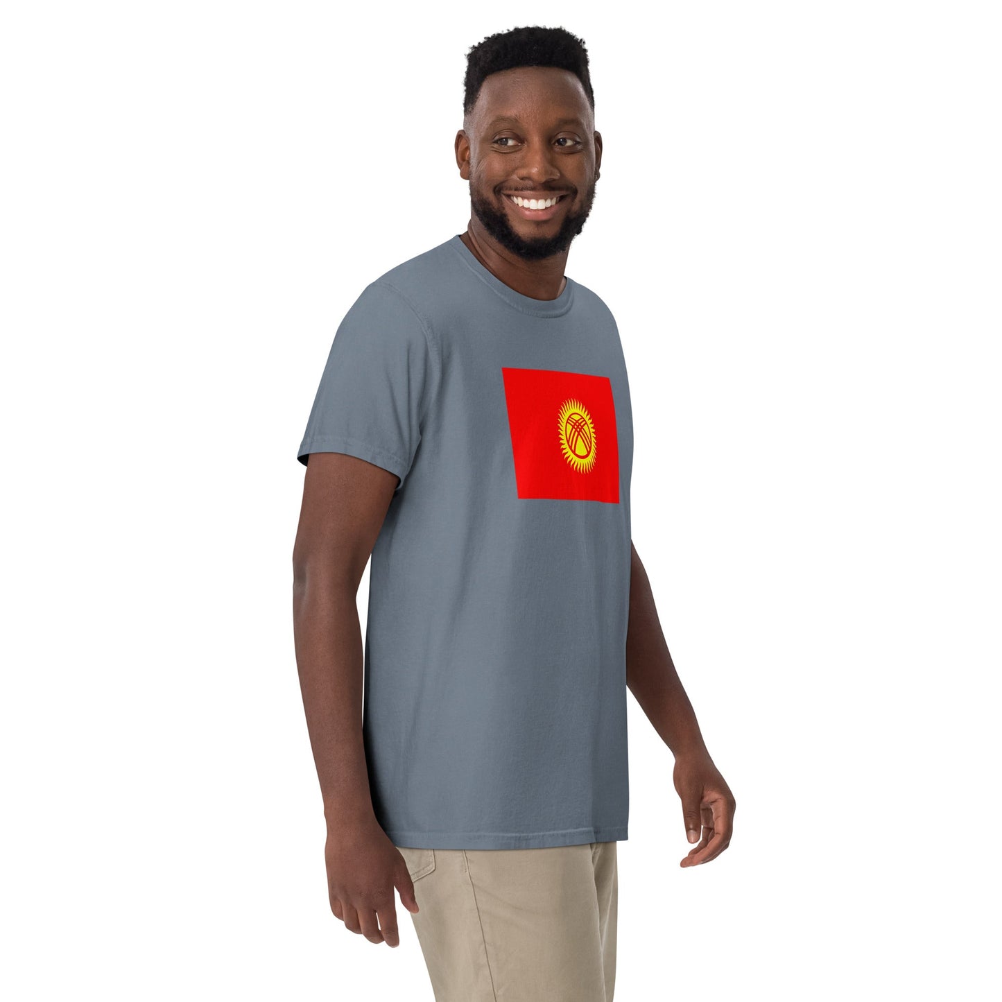 Flat lay of true navy Kyrgyzstan flag tee, extra large size