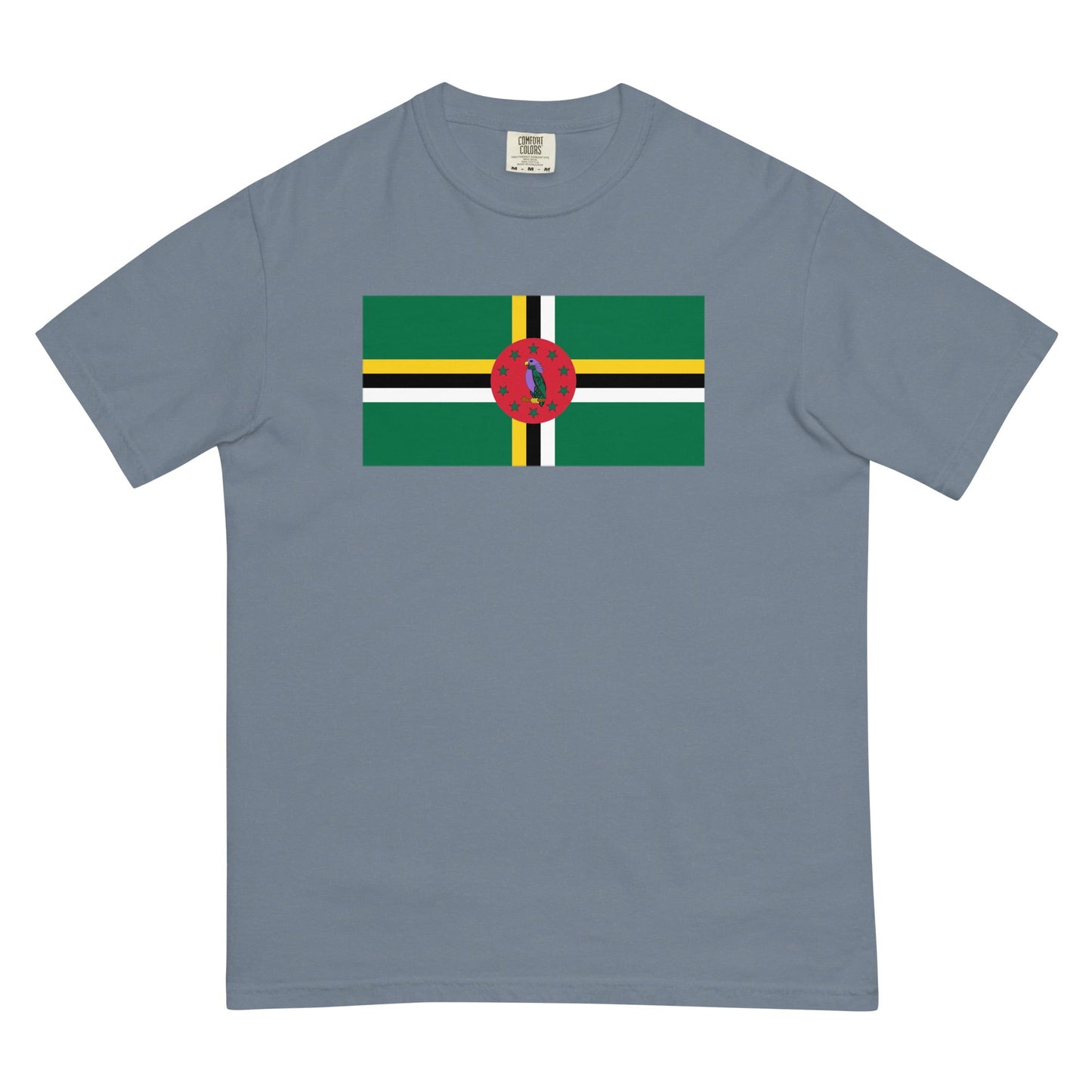 Flat lay of berry Dominica 1 flag tee, small size