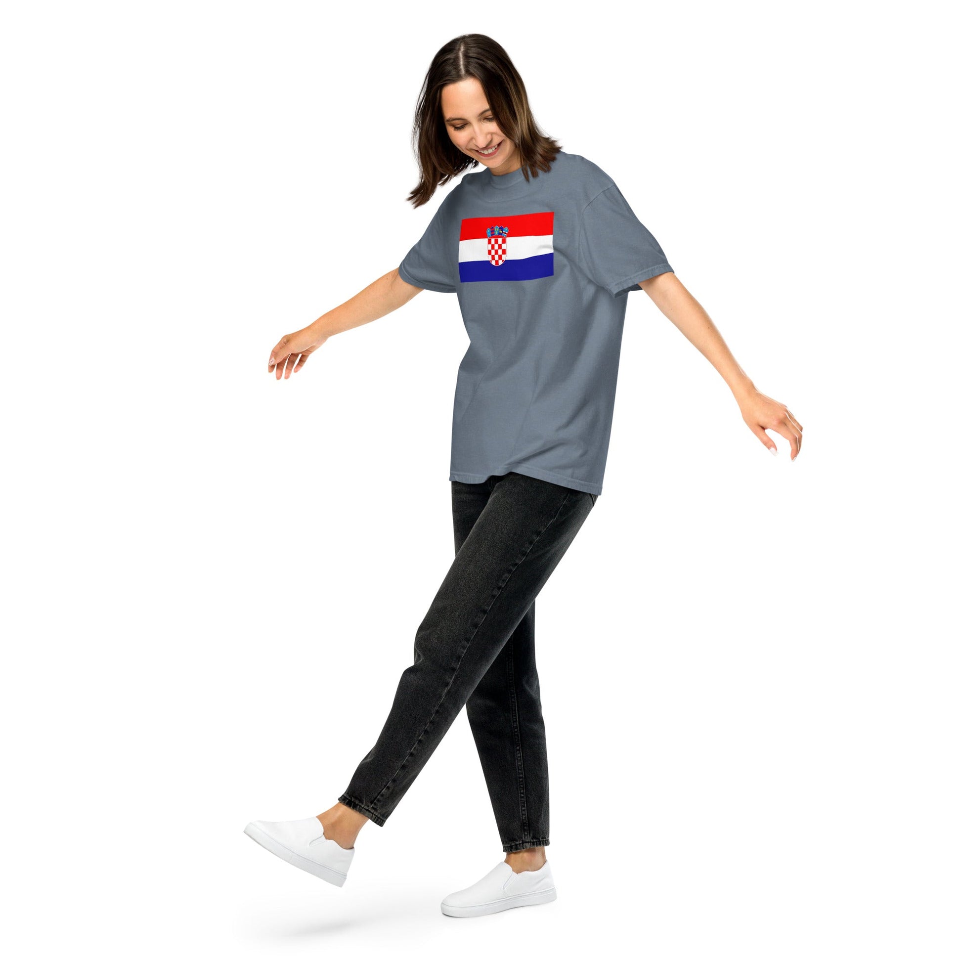 Stylish Croatia flag t-shirt laid flat, medium, true navy