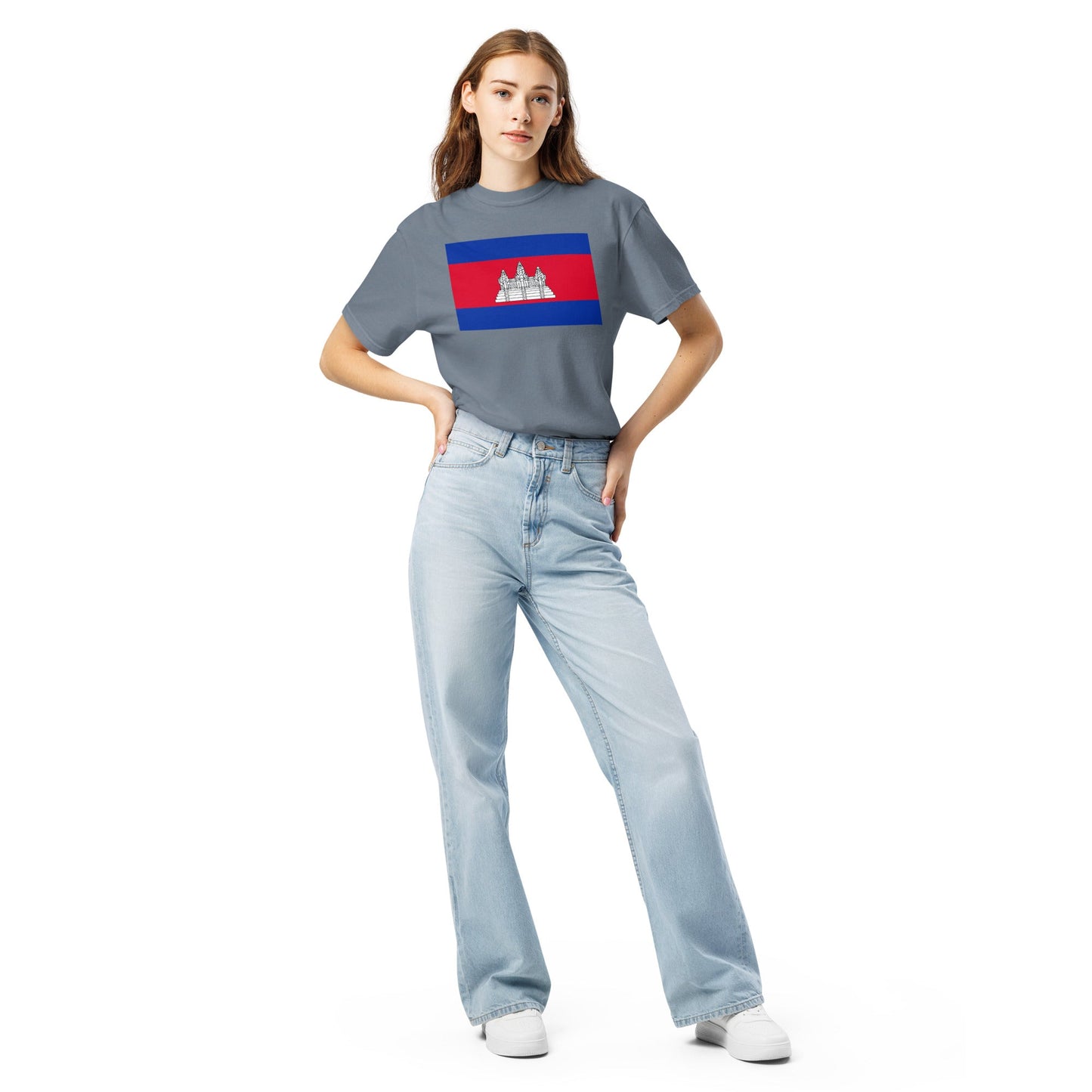 Flat lay of red Cambodia flag tee, large size