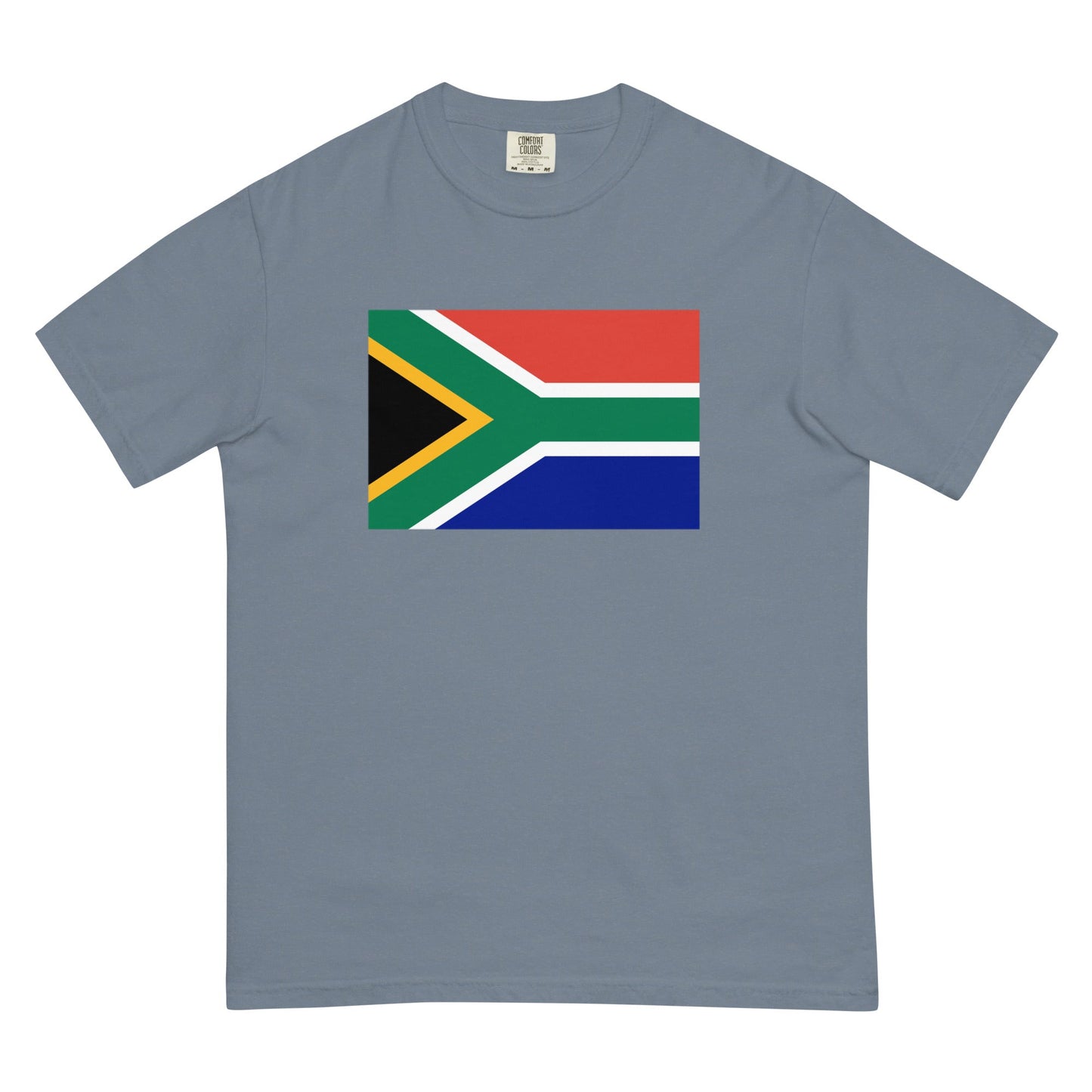 Stylish South Africa flag t-shirt laid flat, extra large, blue spruce