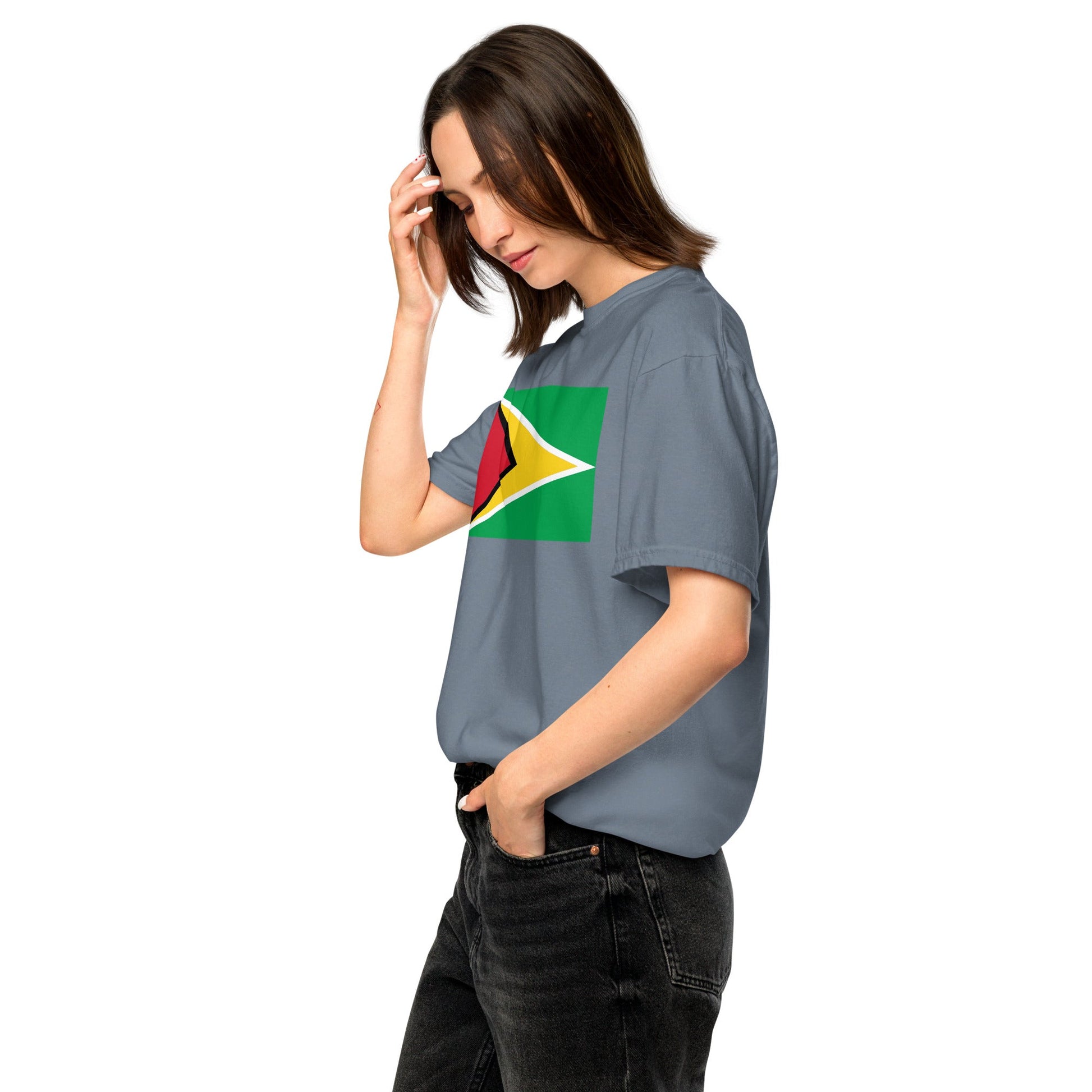 Stylish Guyana flag t-shirt laid flat, large, true navy