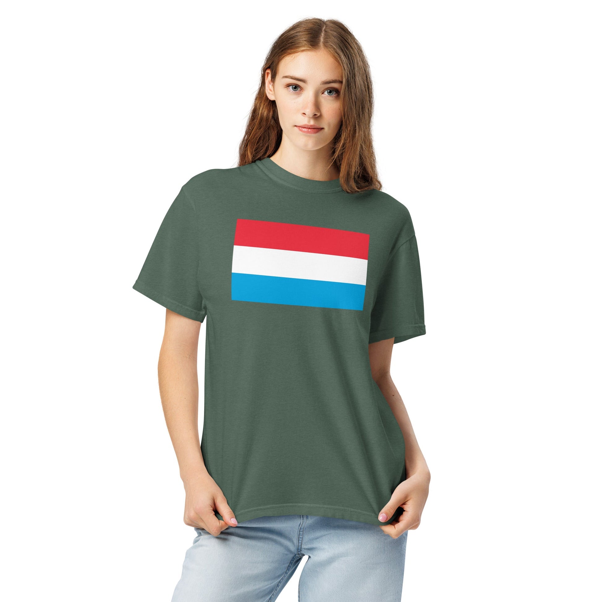 Flat lay of black Luxembourg flag tee, 2X large size