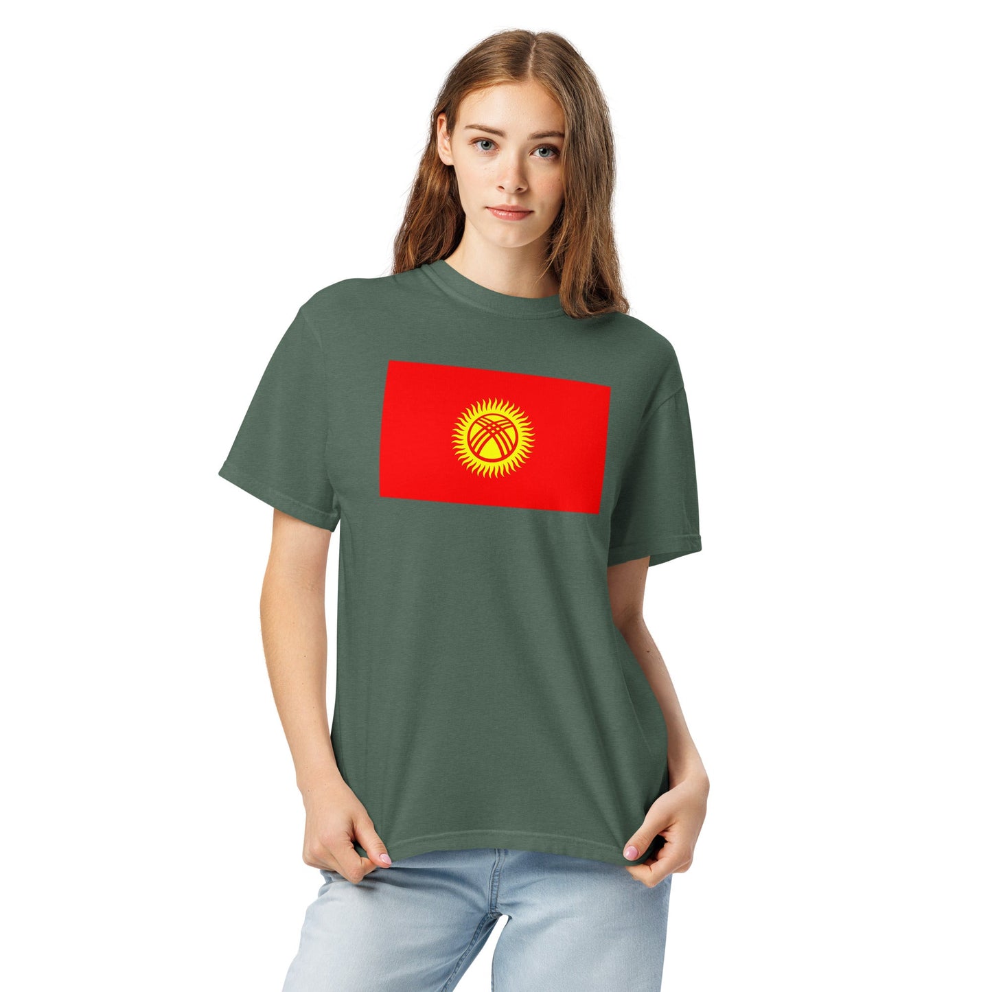 Flag tee representing Kyrgyzstan in black, large